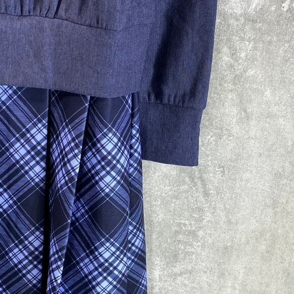 KINGSTON GREY Juniors' Navy Check Pleated Skirt Crewneck Mini Sweater Dress SZ L - Picture 7 of 12